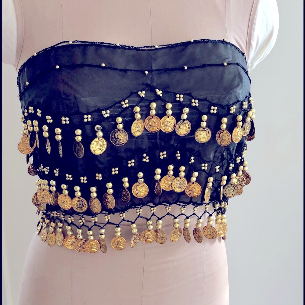 Lux black chiffon bellies dancer wrap/hip scarf with beads and gold coins Cvideo
